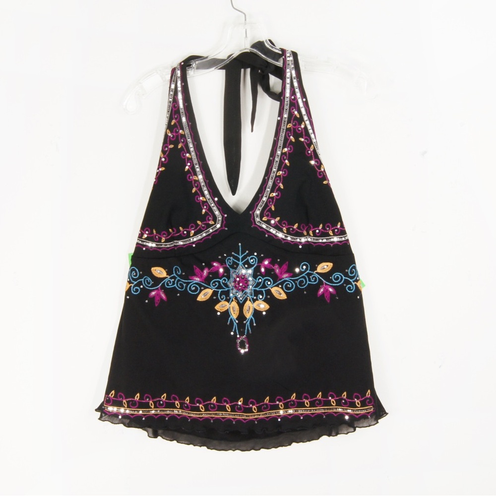 Vintage 90s Y2K Embroidered Rhinestone Sequin Boho Black Halter Top 2000s 00s